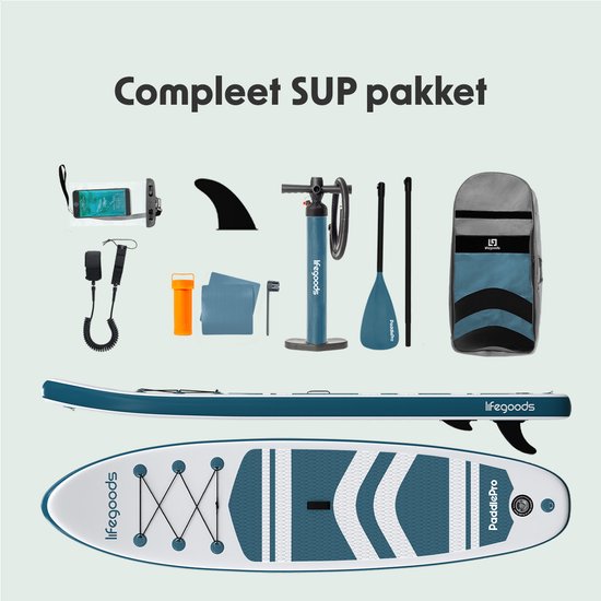 LifeGoods PaddlePro SUP Board - Opblaasbaar Paddle Board - Complete Set - Max. 135KG - 320x81cm - Wit/Deep Aqua