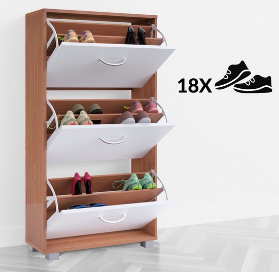 Schoenenkast – 3 Kleppen – 115x60x24cm – 18 Paar Beuken/Wit