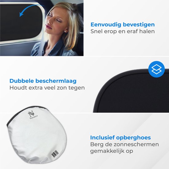 Nuvance - Zonnescherm Auto Baby - 2 Stuks - met UV Protectie voor Baby en Kind - Zonwering Zijruiten - Zelfklevend - One Size - Zwart