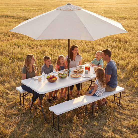 LifeGoods Inklapbare Picknickset - 180cm x 74cm - Tuintafel met 2 Banken - Weerbestendig - Campingtafel - Biertafel Opklapbaar - Voor Binnen en Buiten - Voor 6 tot 8 Personen - Wit