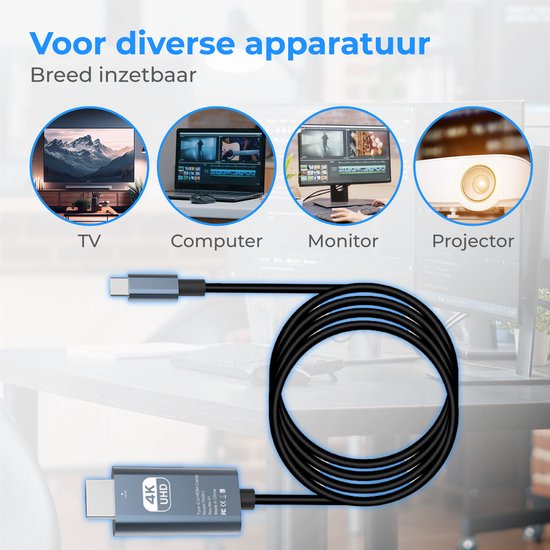 Nuvance - USB C naar HDMI Kabel - 2 Meter - 4K Ultra HD - Geschikt voor Telefoon, Tablet, Laptop, PC, Beamer & Monitor