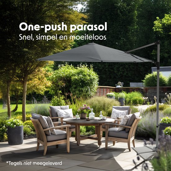 LifeGoods Parasol - Ø300 cm - 30° Kantelbaar - One-push Systeem - Waterdicht - met Hoes - Antraciet