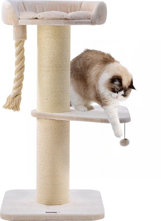 Jake en Jacky Krabpaal voor Grote Katten met Mand - Met Speeltouw - Met Opstap - Naturel/Crème - 57x57x121 cm - Ø Krabpaal 20 cm