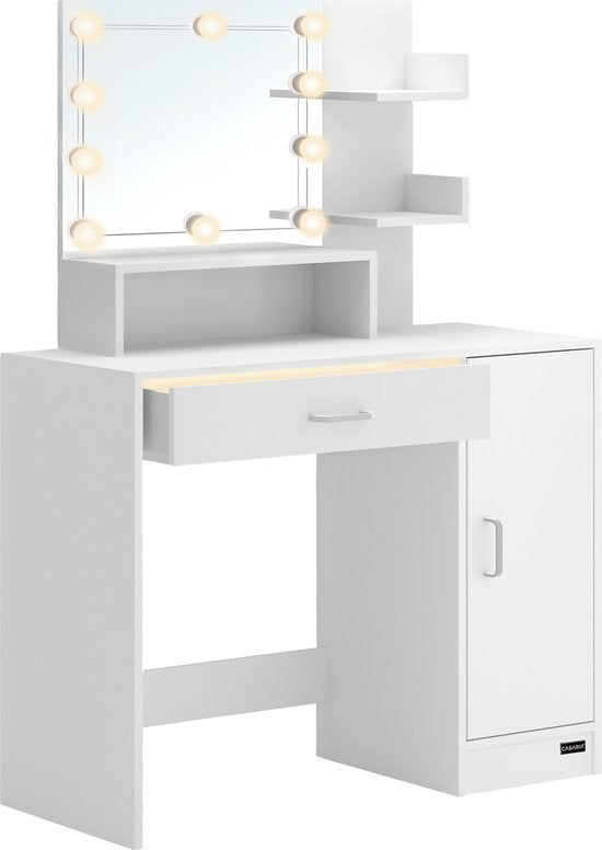 Casaria Make up tafel Jocelyn - Lade Spiegel LED 3 Planken 140x110 - Wit