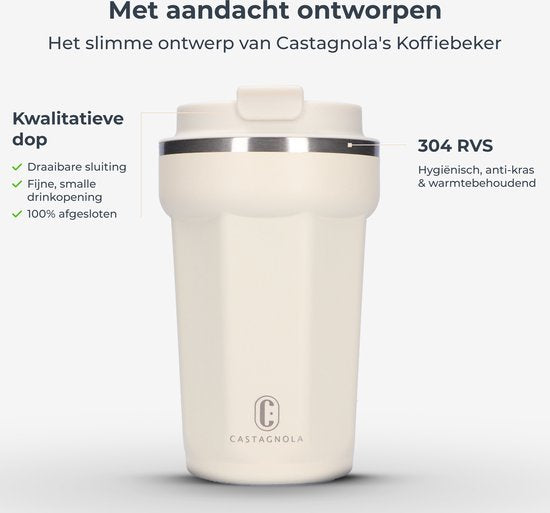 Castagnola Thermosbeker - Koffiebeker To Go - Travel Mug voor Koffie en Thee - Theebeker - 380 ML - RVS - Offwhite - Octagon