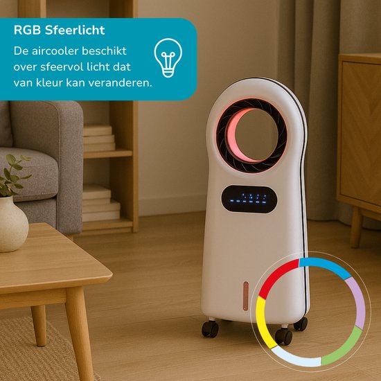 Lifetime Air Aircooler met Koelelementen - Ventilator, Luchtbevochtiger en Luchtkoeler - Mobiele Airco zonder Afvoer - Air Cooler 55dB - Afstandsbediening en Timer - Watertank 3.5L - Sfeerverlichting
