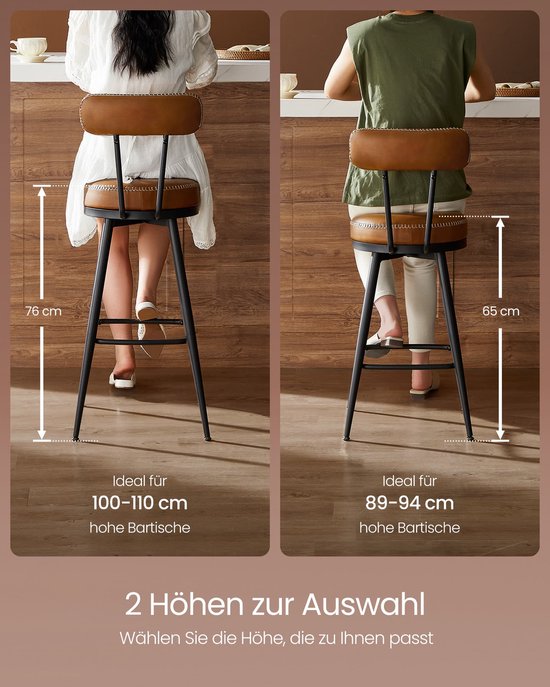 Barkruk – Set van 2 – Draaibare rugleuning – 65cm hoog- Karamelbruin