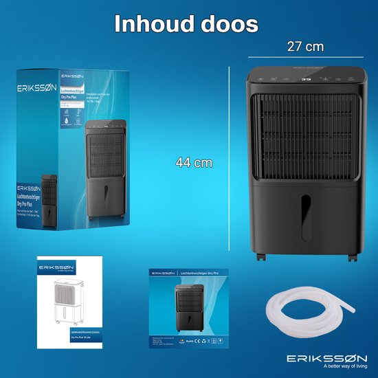 Erikssøn Luchtontvochtiger Dry Pro Plus - Ontvochtigt Tot 16 Liter Per Dag - Was-droog Functie - Geschikt Voor Huis, Slaapkamer , Badkamer , Woonkamer En Kelder - Dehumidifier - Zwart