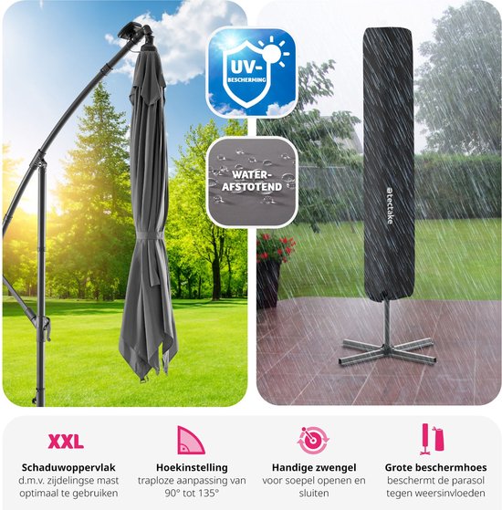 tectake® Rechthoekige parasol - Met LED-verlichting op zonne-energie - Incl. beschermhoes - Zweefparasol - Zonwering terras, tuin - Balkonparasol - Grote parasol - 250x300cm - Grijs