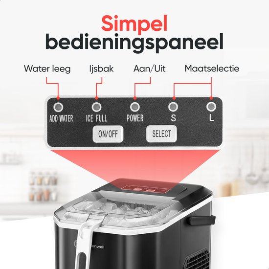 Kitchenwell IJsblokjesmachine – 1.3L - IJsblokjesmaker met IJsschep – 12kg/24 uur – Zelfreinigingsfunctie - Draagbaar - Zwart