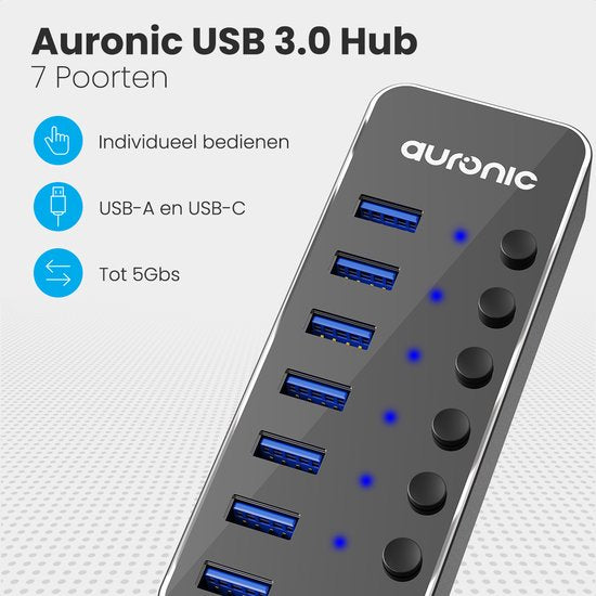 Auronic USB Hub 3.0 - USB Splitter met 7 Poorten - met Voeding - 5 GBPs - Led Indicatie - Zwart