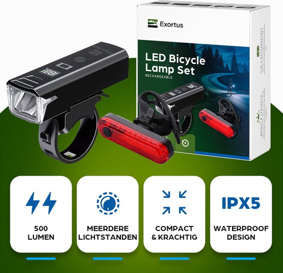 Exortus® Oplaadbare LED Fietsverlichting set - Fietslicht Set Wit En Rood – Fietslamp Geschikt Voor Elke (Race)fiets - Batterij Indicatie - Valbestendig & Waterdicht - Met licht sensormodus - Ook te gebruiken als zaklamp
