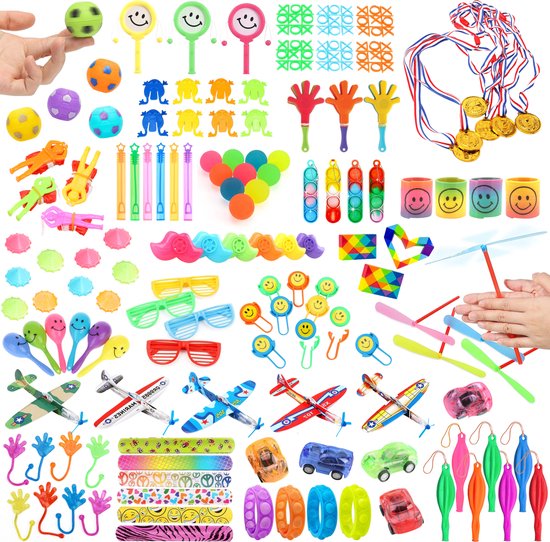 Partizzle 150x Traktatie Uitdeelcadeautjes Pakket - Fidget Toys - Pinata Vulling - Fidgets Box met Spinner en Pop it Klein Speelgoed - Carnaval Grabbelton Weggeef Cadeautjes - Voor kinderen