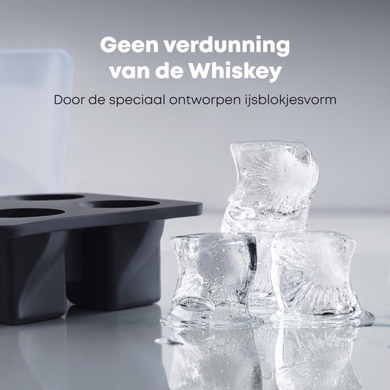 BarDeluxe® Whiskey Set - 4 Handgemaakte Kristallen Glazen 325 ml - Luxe Cadeauset met IJsblokjesvorm & Bewaardoos - Ideaal als Whisky Geschenk