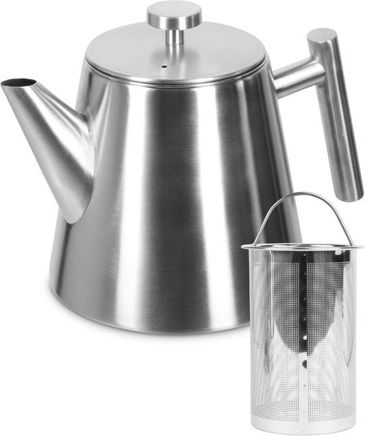 Castagnola Theepot met Filter - Theekan Dubbelwandig - Roestvrijstalen Thermoskan - Isoleerkan 1 L - RVS - Geborsteld Zilver
