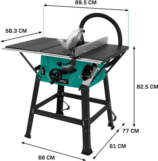 VONROC Zaagtafel 2000W – Ø250mm - Groot werkblad - Zaaghoek instelbaar van 0° tot 45° - Met soft-start technologie - Incl. 60T zaagblad en onderstel