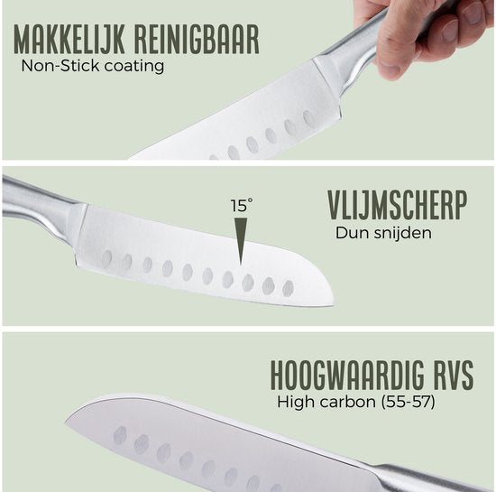 COOCK - Messenset met Blok en Vouwbare Snijplank - Keukenmessen met Schaar en Aanzetstaal (Messenslijper) - 17-Delige Keukengerei set in Messenblok – Met Krasbestendige Coating - Full RVS