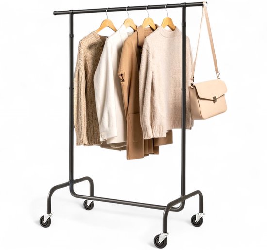 Goliving Kledingrek op wieltjes XL - Uitschuifbare Kledingstang 112-150 cm - 130kg Draagvermogen - Stevig Garderoberek - Metaal - Zwart