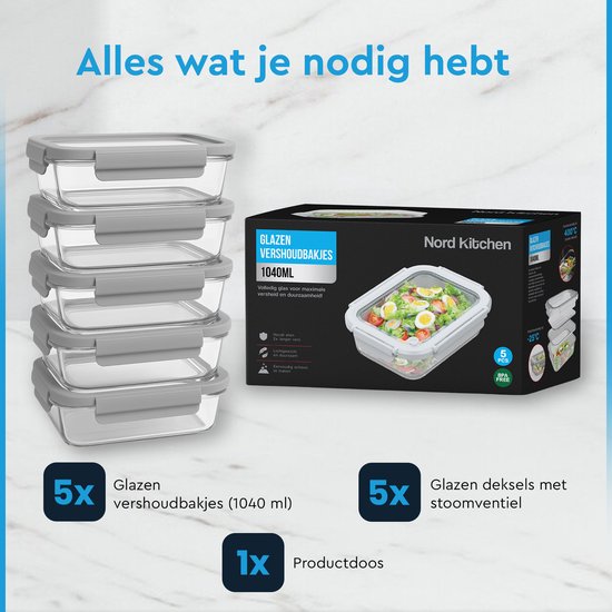 Nord Kitchen Vershoudbakjes Set - met Glazen Stoom Deksel - Meal Prep Bakjes - Diepvriesbakjes Volledig Glas - Luchtdicht - 5 Stuks - 1040 ML