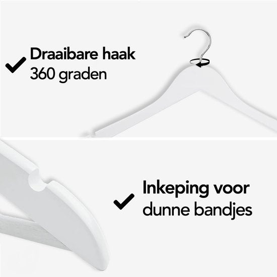 Infinity Goods 30 Houten Kledinghangers Wit - Kleerhanger - Inkeping en Broeklat - Metalen Haak - Volwassenen - 30 Stuks - Wit