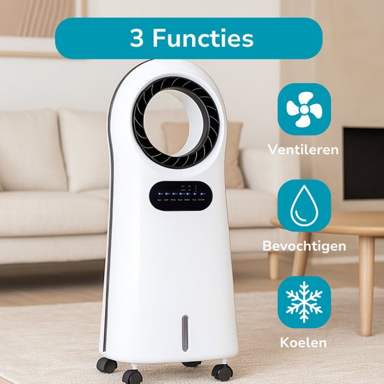 Lifetime Air Aircooler met Koelelementen - Ventilator, Luchtbevochtiger en Luchtkoeler - Mobiele Airco zonder Afvoer - Air Cooler 55dB - Afstandsbediening en Timer - Watertank 3.5L - Sfeerverlichting