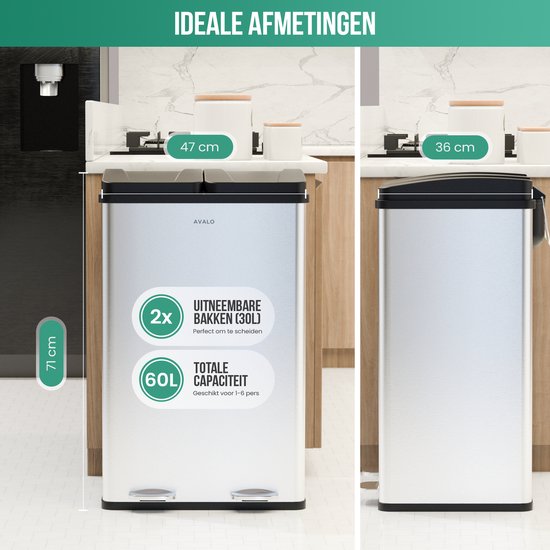 Avalo - Afvalscheiding Prullenbak met 2 vakken - 60 Liter - RVS - Zilver - 71x47x36 CM