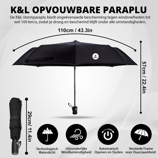 K&L Stormparaplu Opvouwbaar - Stormbestendig tot 100km/u - Automatisch Uitklapbaar Paraplu - Incl. Beschermhoes - Zwart