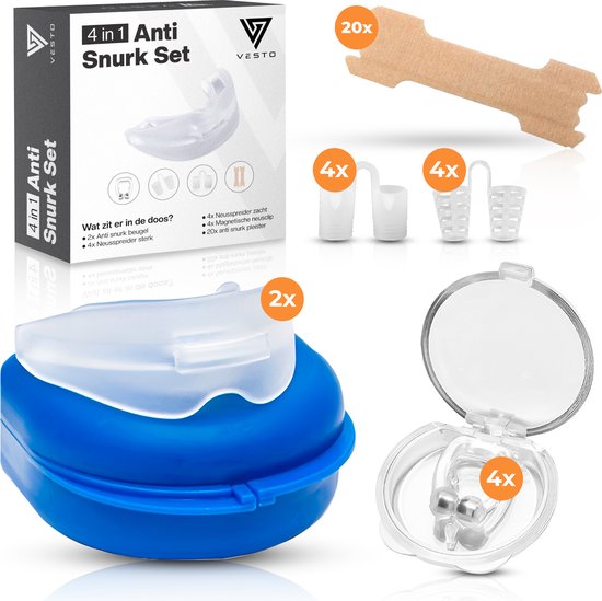 Vesto® Snurk set - 2x Anti Snurk Beugel - 20x Neuspleister - 8x Neusspreider - 4x Magnetische neusclip - Complete Set - Anti Snurk Beugel Pro - Anti Snurkmiddelen
