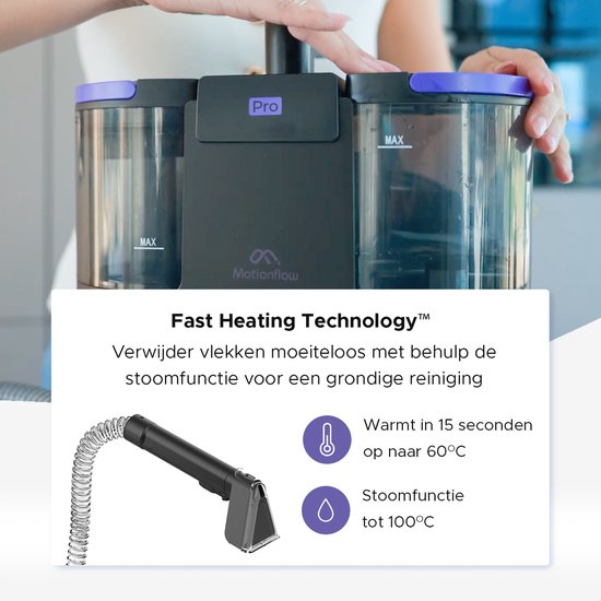 Motionflow Tapijtreiniger PRO – Dieptereiniging met Stoomfunctie tot 100°C – Krachtige 1700W Vlekkenreiniger - Stoomreiniging voor Vloer, Bank, Badkamer en Tapijt - Stoomreiniger & Zetelreiniger - Inclusief Schoonmaakmiddel