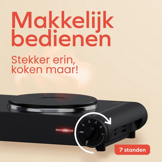 KitchenBrothers Elektrische Kookplaat - 2 Pits - Vrijstaand - 7 temperatuurstanden - 1500W + 1000W - Zwart