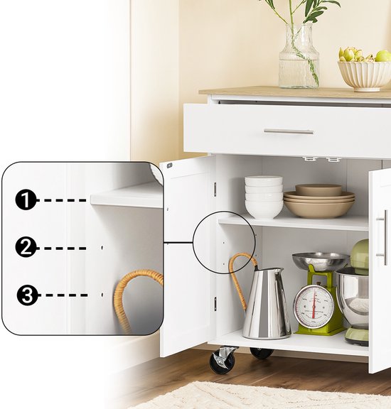 SoBuy Verrijdbaar Keukeneiland - Keuken Trolley - Keukenkast op Wieltjes - voor Eetkamer of Keuken, Wit 99x40x85 cm FKW133-WN