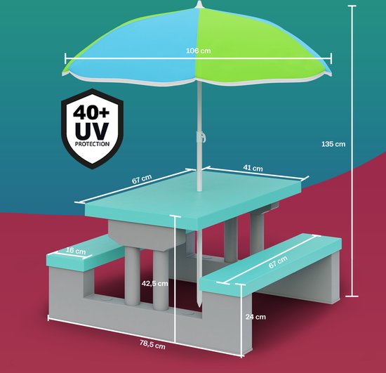 Spielwerk Kinder Tuinset – Incl. Parasol UV-bescherming - Mint/ Grijs - 135x67 cm