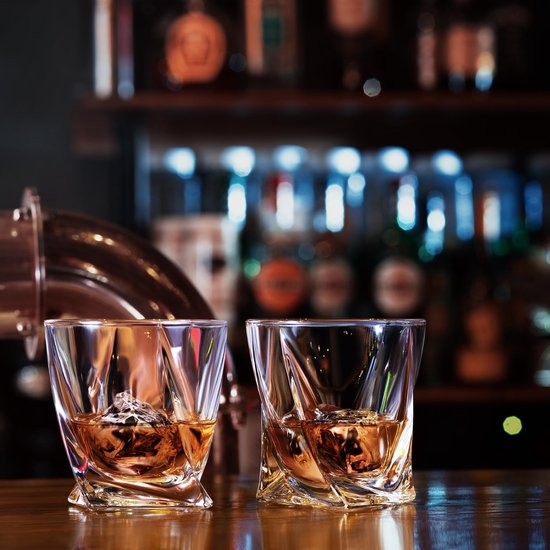 BarDeluxe® Whiskey Set - 4 Handgemaakte Kristallen Glazen 325 ml - Luxe Cadeauset met IJsblokjesvorm & Bewaardoos - Ideaal als Whisky Geschenk
