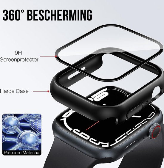 Hoesje geschikt voor Apple Watch Serie 7 / 8 / 9 - 45 mm Screen Protector - 2 Stuks - Full Cover Hard Case - Zwart - Podec