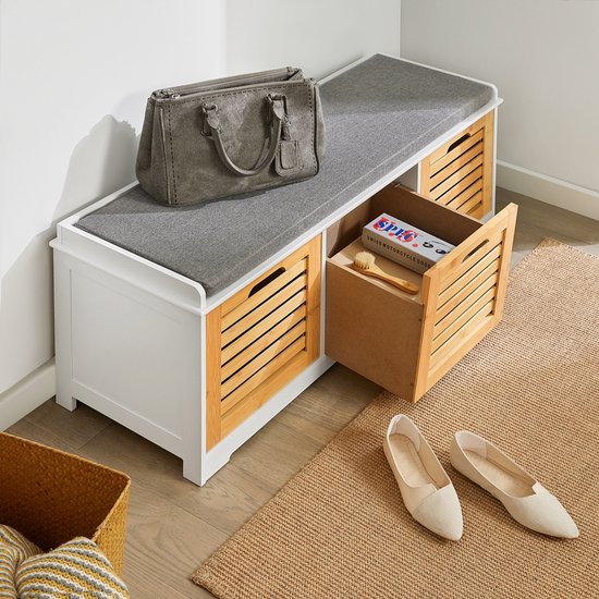 SoBuy Schoenenbank met zitkussen voor gang of woonkamer, 3 afneembare manden, 105x43x35 cm, FSR23-WN