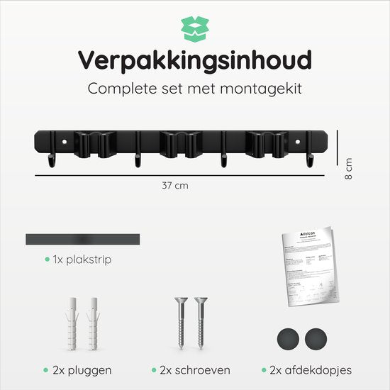 Volcan Bezemhouder - Bezem Ophangsysteem Tuingereedschap - Gereedschapshouder - 3M Tape - 3 Houders 4 Haken - RVS Zwart