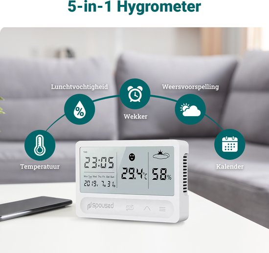 Spoused Digitale Hygrometer - Thermometer voor binnen - Luchtvochtigheidsmeter - Weerstation - Wit