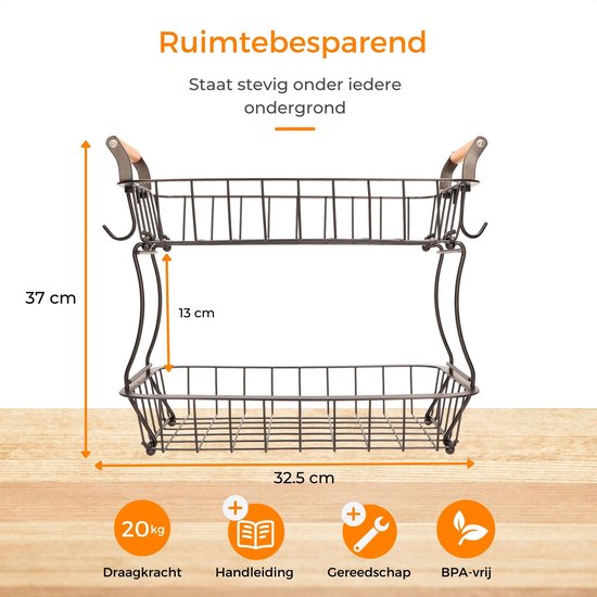 Posity Fruitschaal 2 Laags - Fruitmand - Fruit Etagere - Groentemand - Draadmand - Met bananenhouder - Hout & Metaal - Zwart