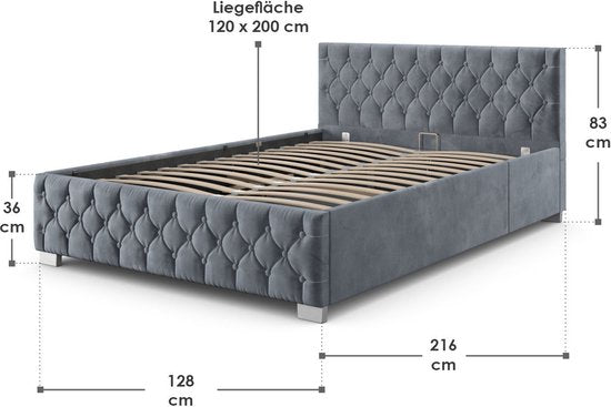 Gestoffeerd Bed Nizza - 120 x 200 cm - Grijs - LED Verlichting & Bedlade