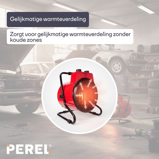 Perel Elektrische ventilatorkachel 3000W, 2 warmtestanden, thermostaat en koelstand, IP24, oververhittings- en kantelbeveiliging, compacte draagbare heater voor werkplaats, garage, schuur