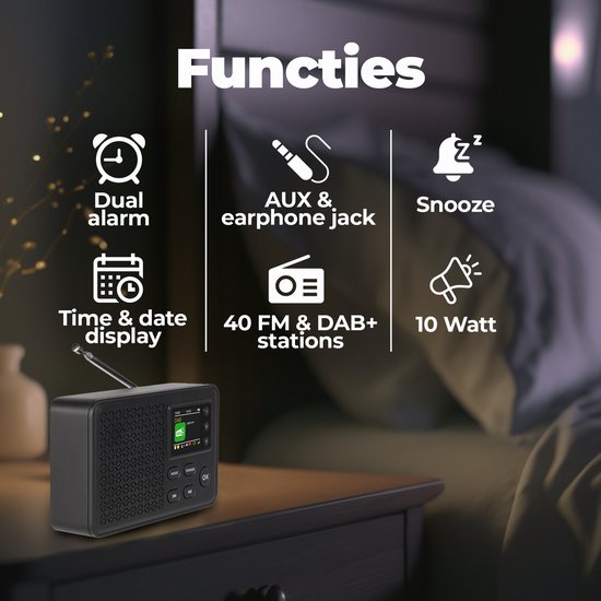 Denver – DAB57 DAB Radio – Bluetooth – DAB+/FM – 40 Voorkeuzezenders – Wekkerradio – Zwart
