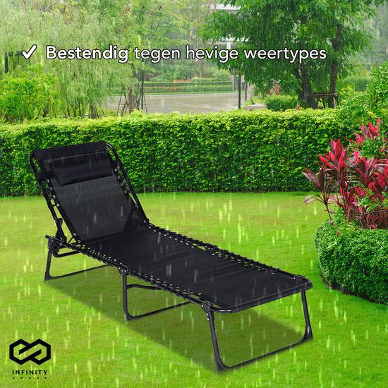 Infinity Goods Ligbed - Opvouwbaar - Inclusief Hoofdkussen - Zonnebed - Ligstoel - Verstelbaar - Tuin - Weerbestendig - Antraciet