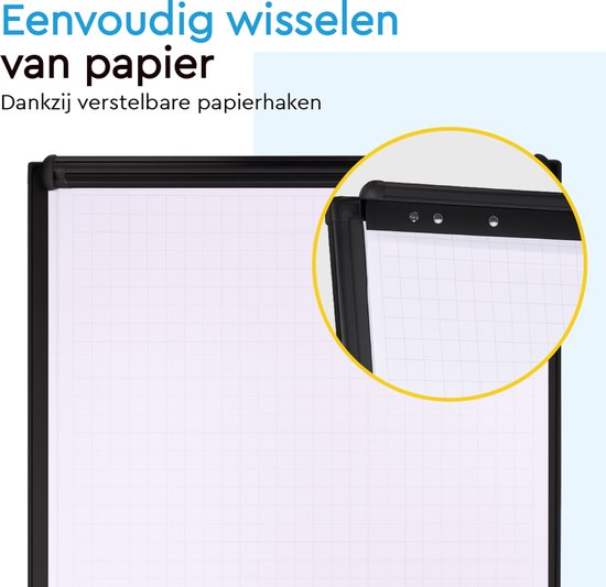BRASQ Flipover Verrijdbaar Deluxe -70x100 cm - Verstelbaar Whiteboard - Inclusief 25 vellen papier en accessoires - met Uitschuifbare Armen - Magnetisch bord met Haken - Magneetbord - Zwart