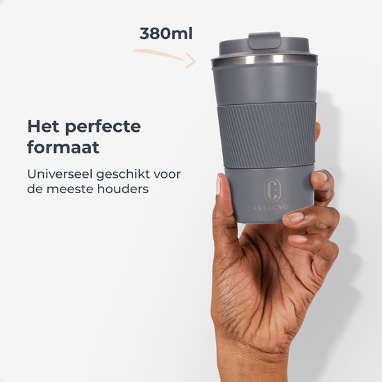 Castagnola Thermosbeker - Koffiebeker To Go - Travel Mug voor Koffie en Thee - Theebeker - 380 ML - RVS - Grijs