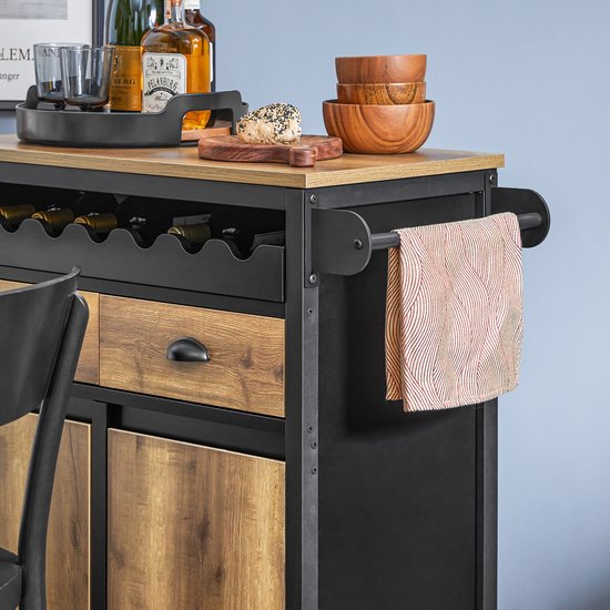 SoBuy Keukenwagen met Wieltjes, Keukeneiland met Flessenhouder, 2 Laden en 2 Deuren, Vintage Bruin, 89x40x87 cm, Dressoir en Opbergkast - FKW122-SCH