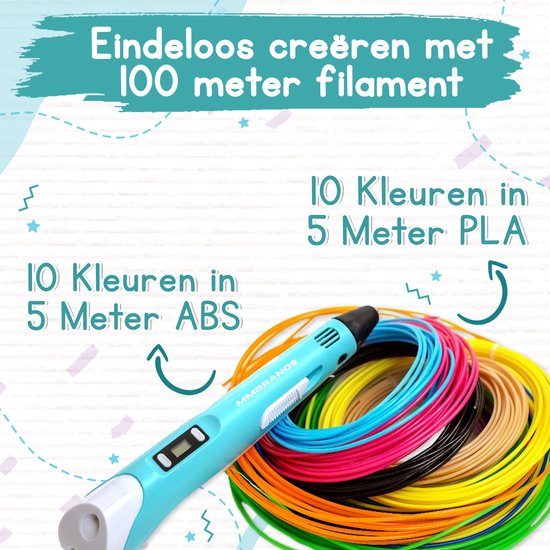 MM Brands 3D Pen Starterspakket - Inclusief 100m Filament in 10 Kleuren - Extra Lange Laadkabel - Geschikt voor ABS & PLA Filament - Blauw