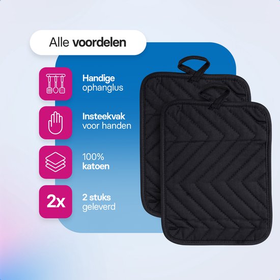 Roegaarden Pannenlappen - Hittebestendige Pannenlappen - 100% Katoen - Met insteekvakken - Zwart