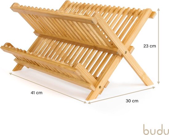 Budu Afdruiprek - Afdruiprekje van bamboe hout - Afdruiprek voor afwas - Vaatwasrek - Keukenrek - Inklapbaar - Opvouwbaar -