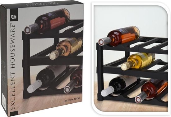 Excellent Houseware Wijnrek / flessenrek - Zwart - Kunststof - 39 x 30 x 25 cm - voor 12x flessen