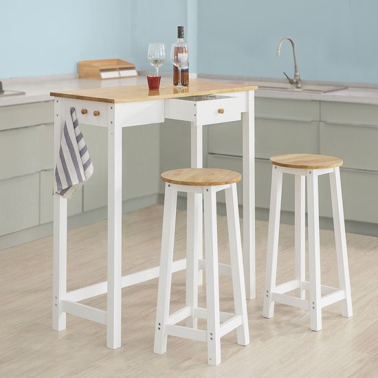 SoBuy FWT50-WN Bartafel met 2 Krukken - Wit Houten Keukentafelset
